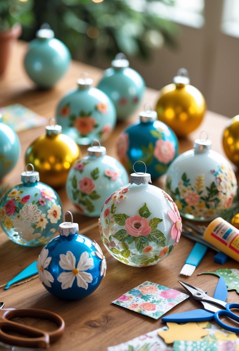 A collection of decorated glass ornaments with crafting supplies on a wooden table.