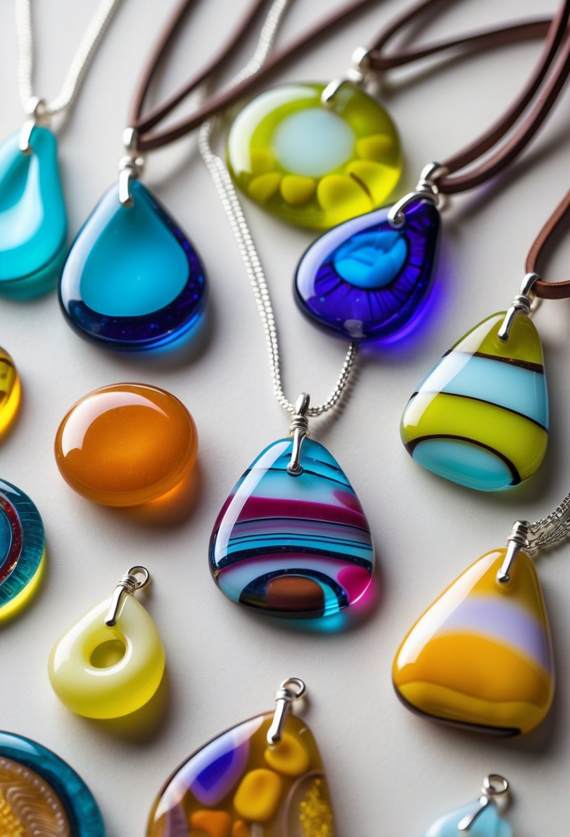 A collection of colorful fused glass pendants and jewelry pieces arranged on a neutral surface.