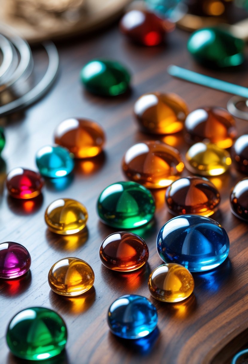 A collection of colorful glass gem magnets arranged on a wooden surface with soft lighting.