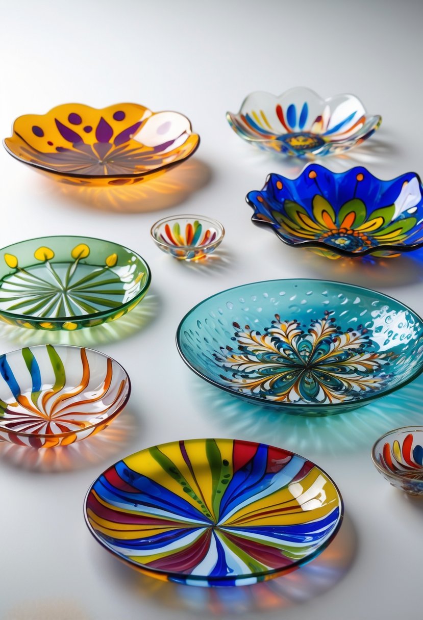 A collection of colorful hand-painted glass platters arranged on a plain surface.