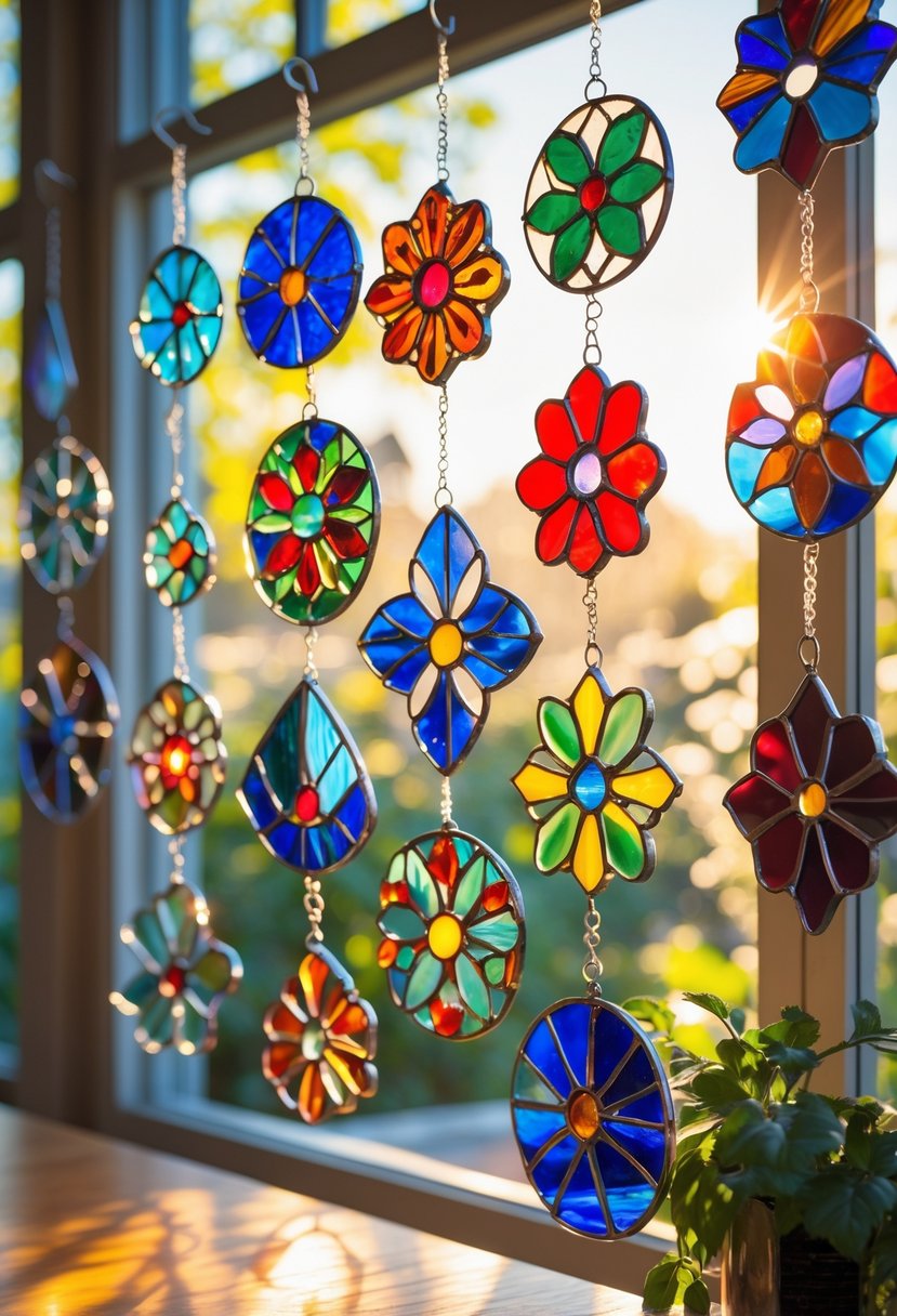 A collection of colorful stained glass suncatchers hanging in front of a sunlit window with light casting colorful reflections onto a wooden surface.