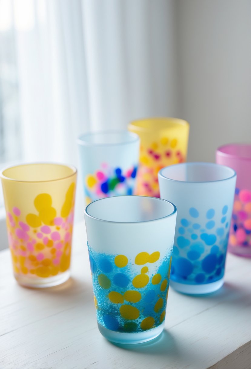 A set of frosted glass tumblers decorated with colorful spray paint arranged on a wooden surface.