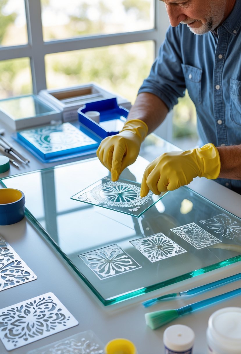 An adult applying a stencil to a glass panel on a workspace with glass etching supplies.
