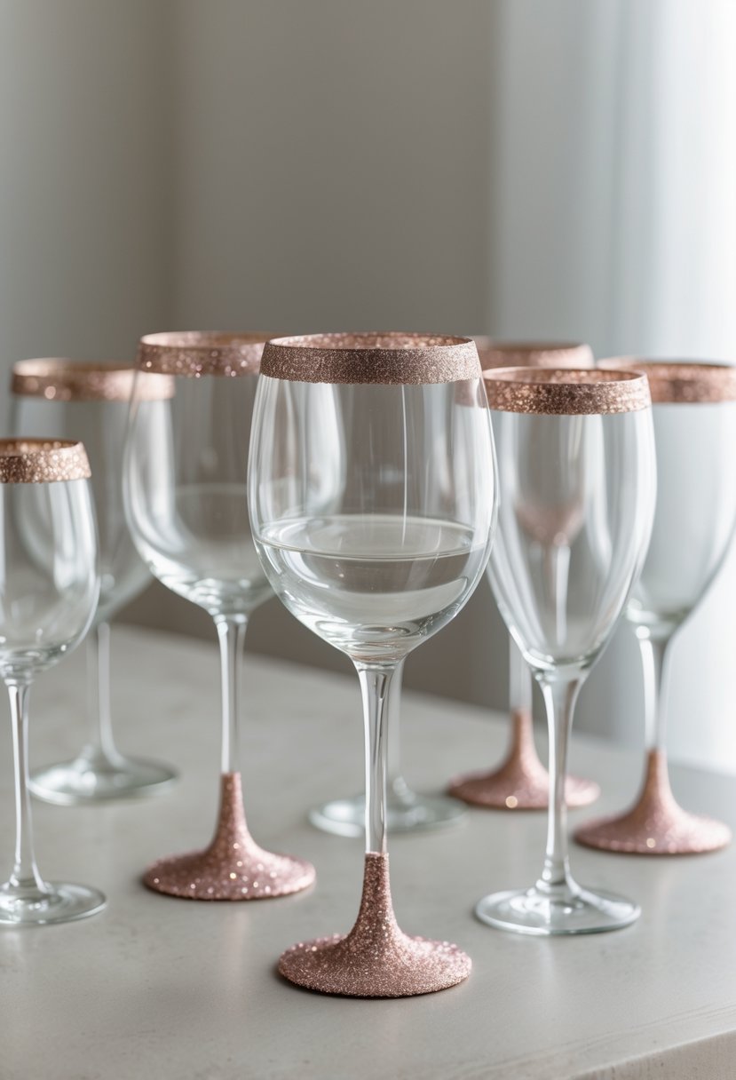 A variety of drinking glasses with glitter-dipped rims and bases arranged on a table.