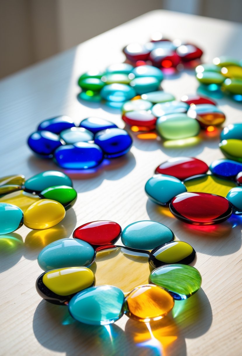 A set of colorful glass pebble coasters arranged on a wooden surface.