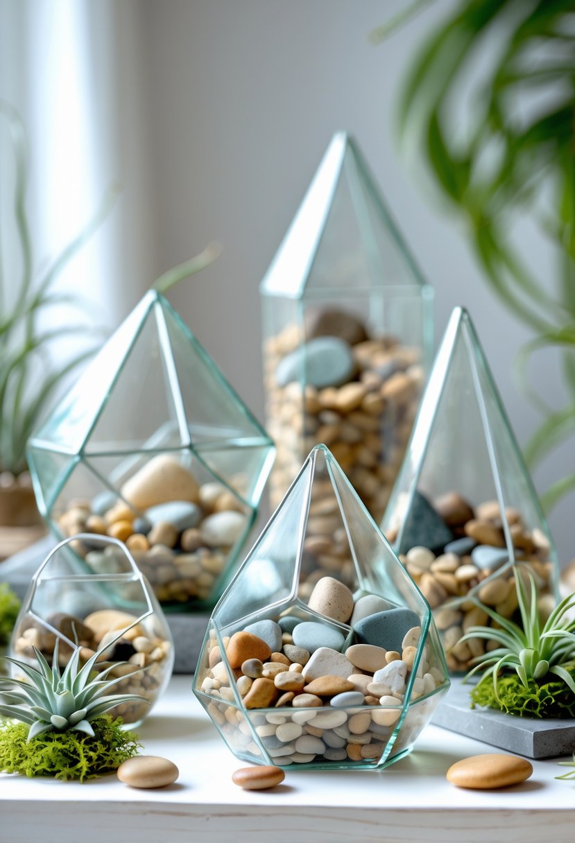 A collection of glass terrariums filled with decorative stones and small plants arranged on a wooden surface.
