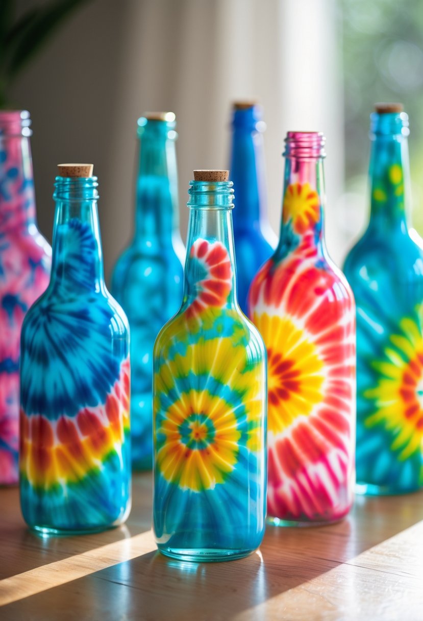 A collection of glass bottles decorated with colorful tie-dye patterns arranged on a wooden surface.