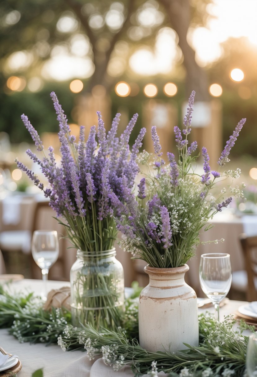 Wedding tables decorated with lavender-filled centerpieces in rustic vases, surrounded by greenery and small white flowers, set outdoors with warm sunlight.