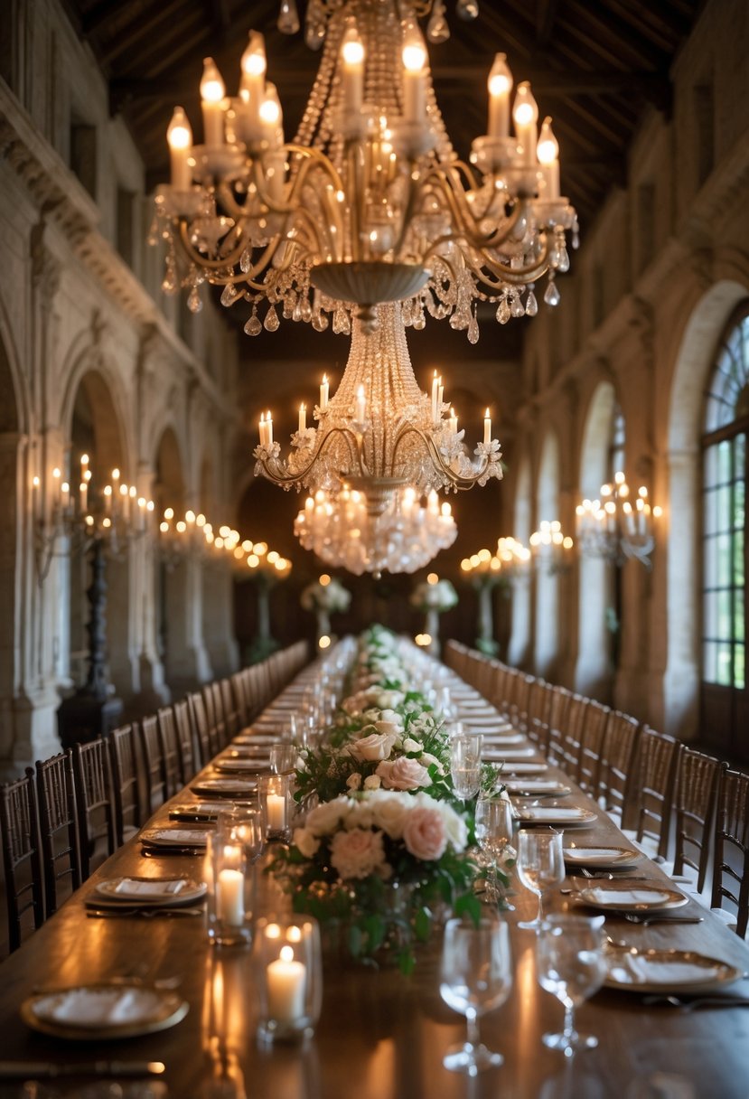 A grand dining hall with candlelit chandeliers hanging from the ceiling, long tables set with flowers and glassware, illuminated by warm candlelight.