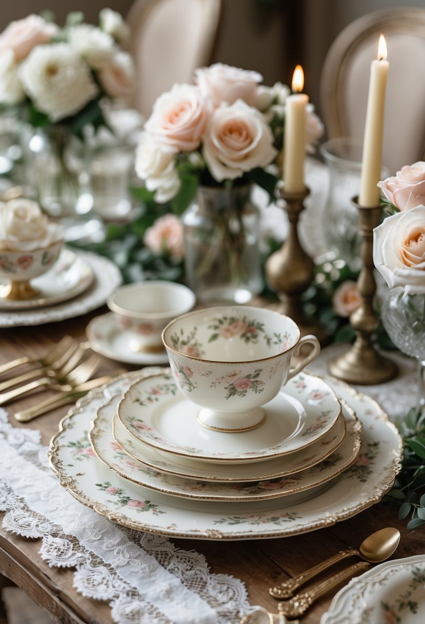 A wooden table set with antique ceramic dinnerware, floral arrangements, candles, and greenery, styled for a wedding.