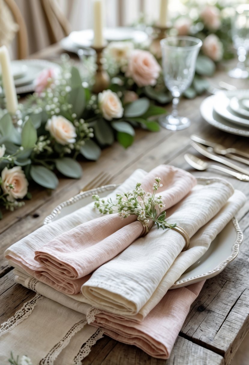 Close-up of soft blush and cream linen napkins arranged on a wooden table with greenery and floral accents.
