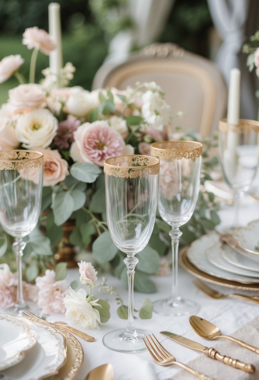 A wedding table set with gold-rimmed glasses, floral centerpieces, and elegant tableware in an outdoor garden setting.