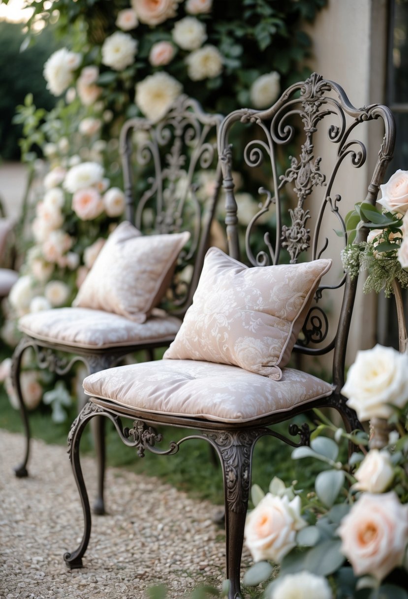 Ornate wrought iron chairs with cushions arranged outdoors surrounded by flowers and greenery.