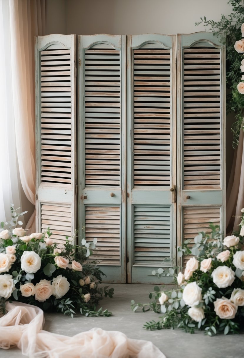 Vintage French shutters decorated with flowers and fabric, arranged as a wedding backdrop.