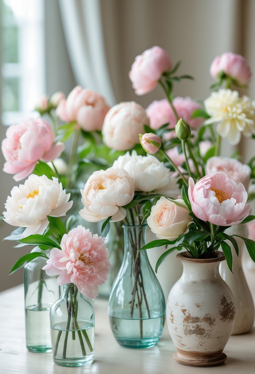 Fresh peonies and roses arranged in various mismatched vases on a table.