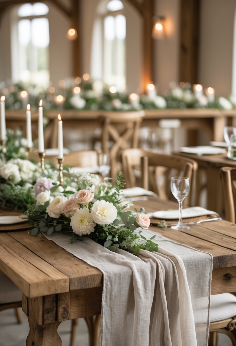 Rustic wooden tables decorated with simple fabric runners, small floral arrangements, greenery, and candles set for a wedding reception.
