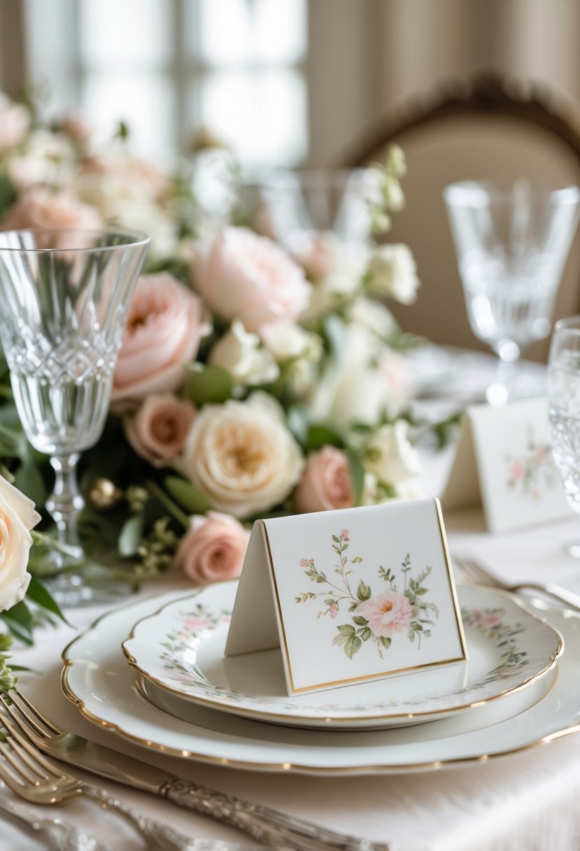 A wedding table with hand-painted porcelain place card holders surrounded by flowers, glassware, and silverware.
