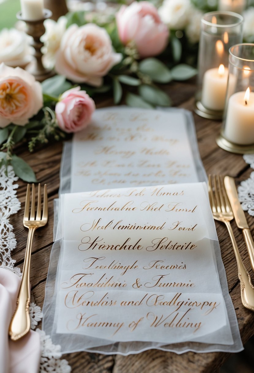 Close-up of elegant calligraphy menus on translucent vellum paper surrounded by flowers, candles, and wedding decor on a wooden table.