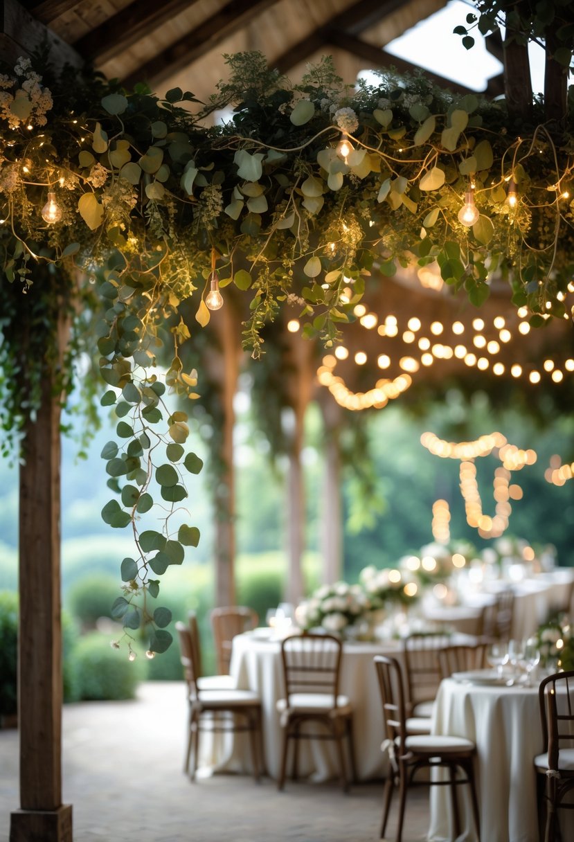 An outdoor wedding decorated with hanging green garlands and warm fairy lights over tables and chairs.