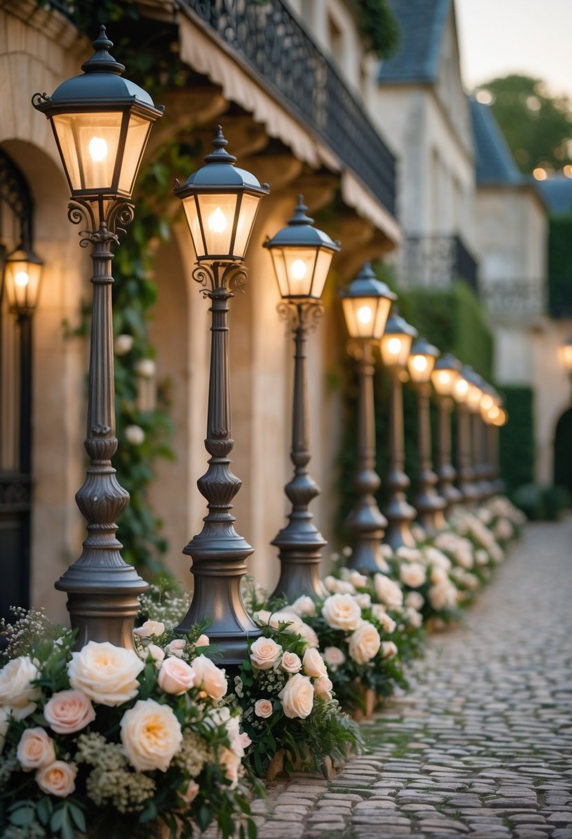 Outdoor wedding scene with Parisian-style street lamps, floral decorations, and classic French architecture in the background.