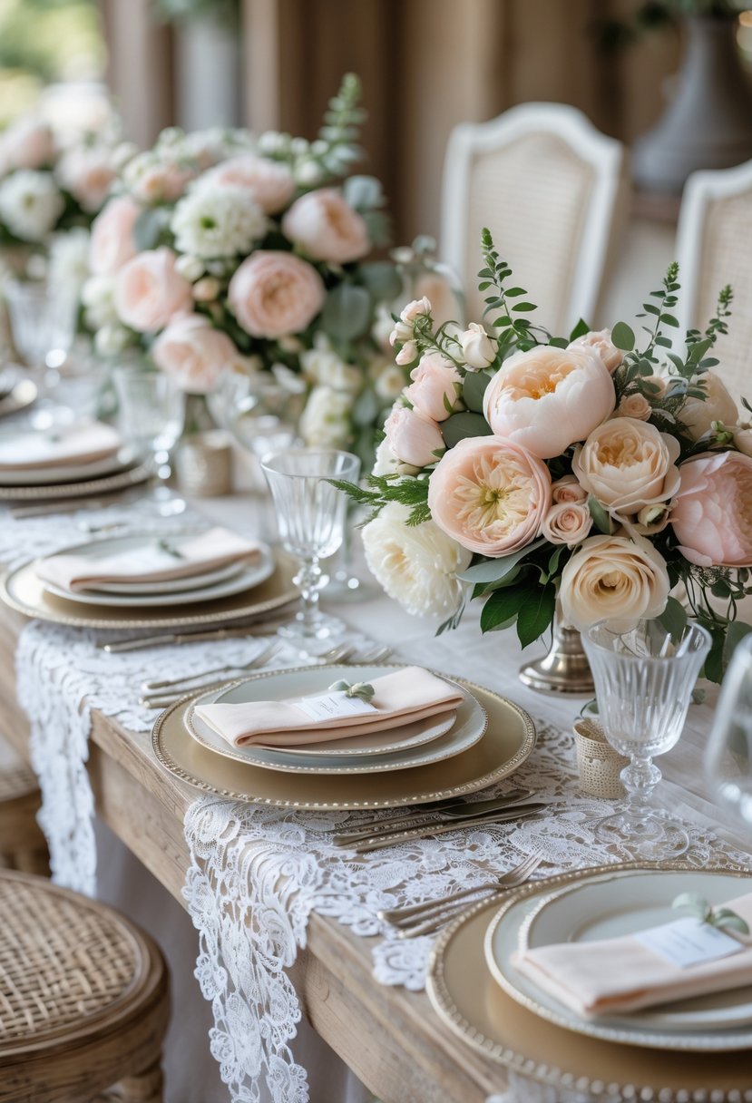 A wedding table set with delicate white lace runners, floral centerpieces, fine china, and glassware in a softly lit setting.