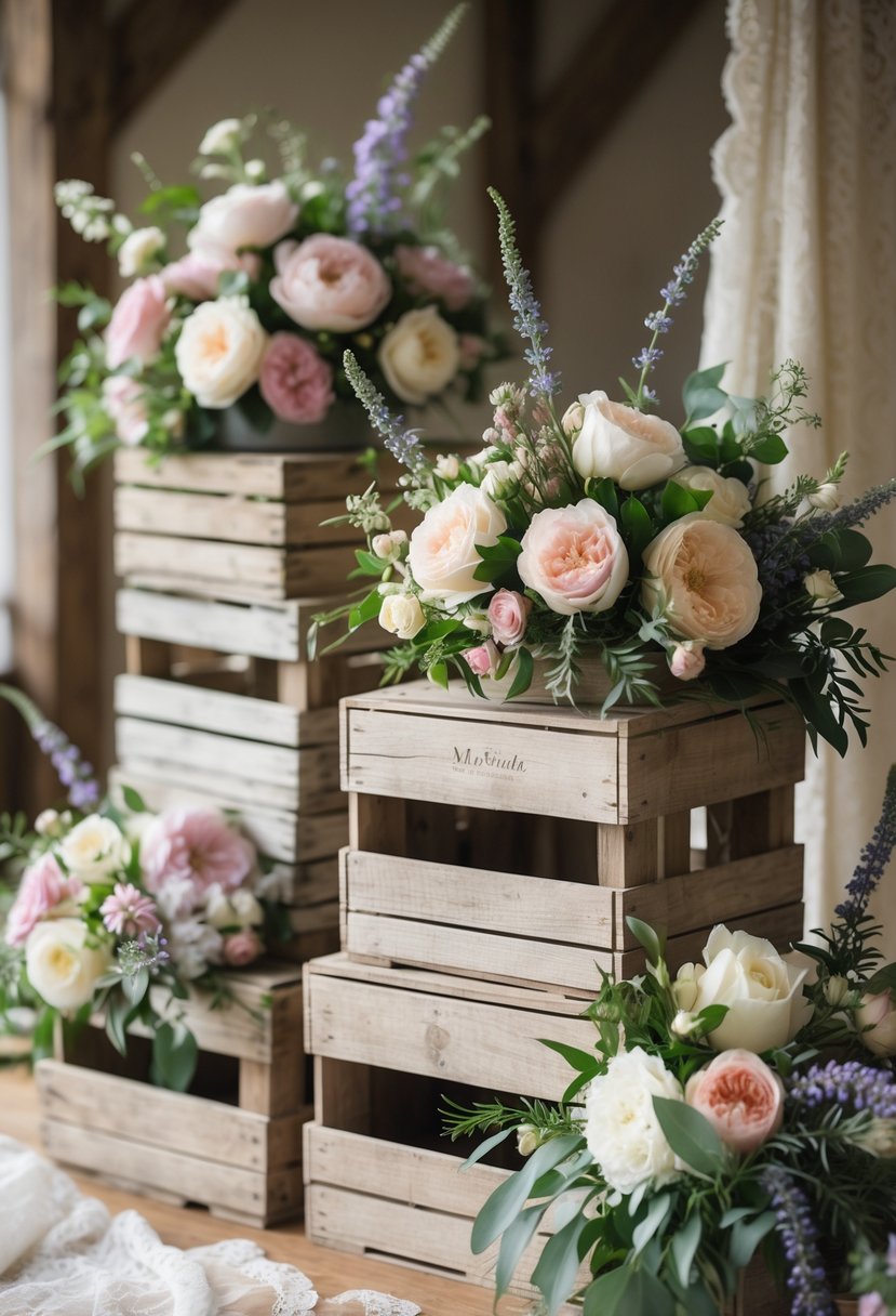 Wooden crates filled with colorful fresh flowers arranged as a decorative display.