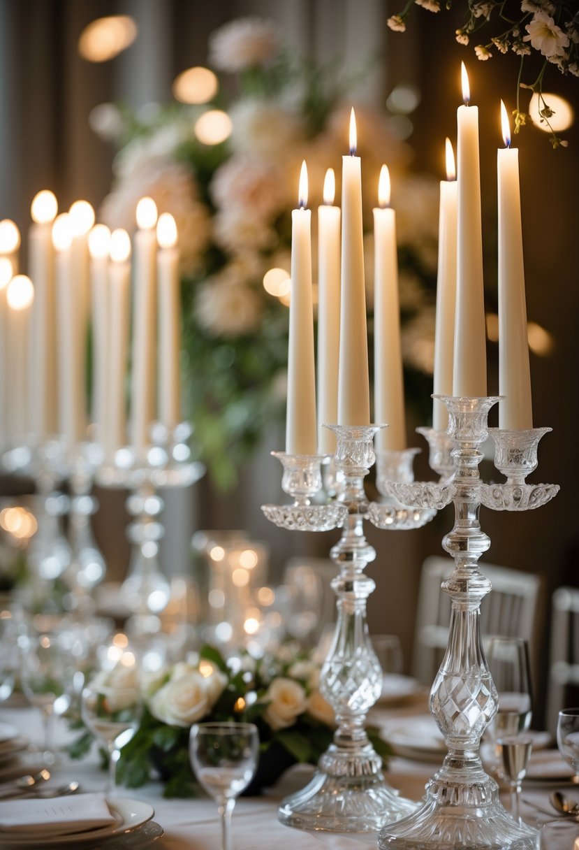 Crystal candelabras with lit tapered candles set on a decorated table at a wedding reception.