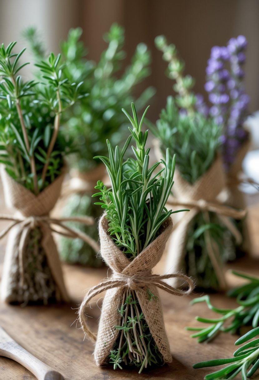 Small bundles of fresh herbs tied with twine arranged on a wooden surface.
