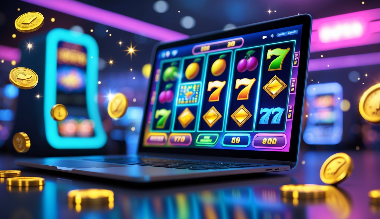 Layar komputer menampilkan permainan mesin slot online dengan simbol berwarna-warni dan koin berkilau di sekitarnya.