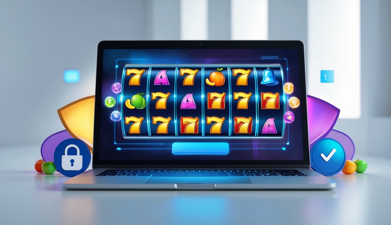 Layar komputer menampilkan mesin slot berwarna-warni dengan simbol buah dan angka tujuh, dikelilingi oleh ikon keamanan seperti gembok dan tanda centang digital.