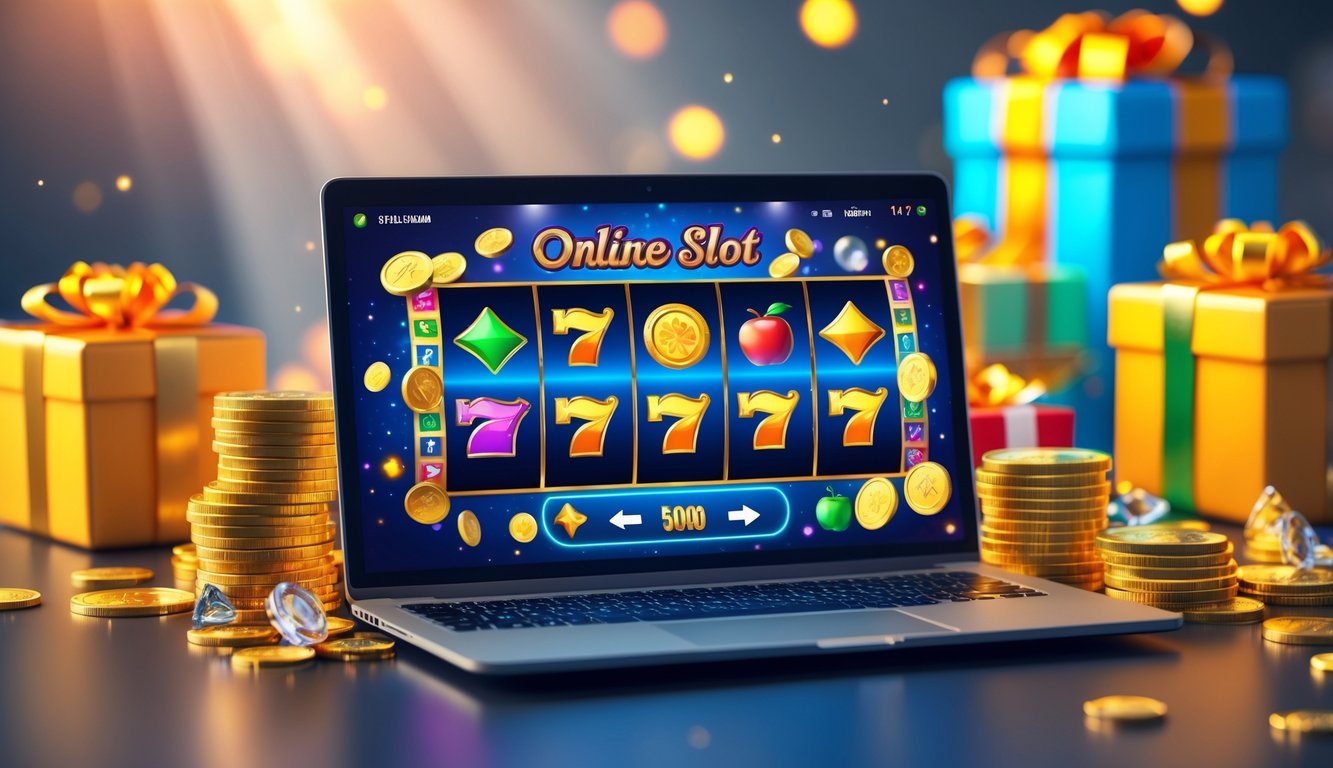 Sebuah laptop menampilkan permainan slot online dengan simbol berwarna-warni dan hadiah menarik seperti koin emas dan kotak hadiah di sekitarnya.