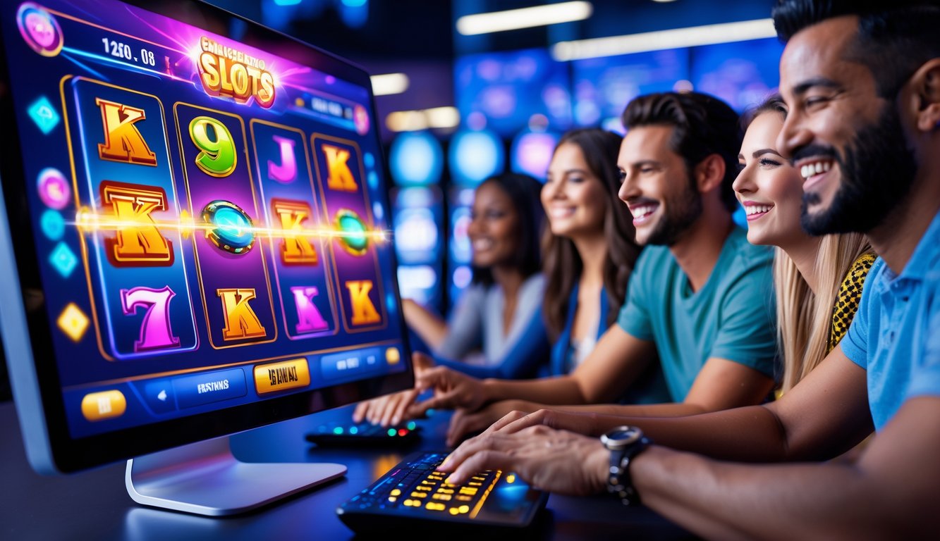 Orang-orang menikmati permainan slot online di depan komputer dengan layar menampilkan grafik permainan yang berwarna-warni dan menarik.