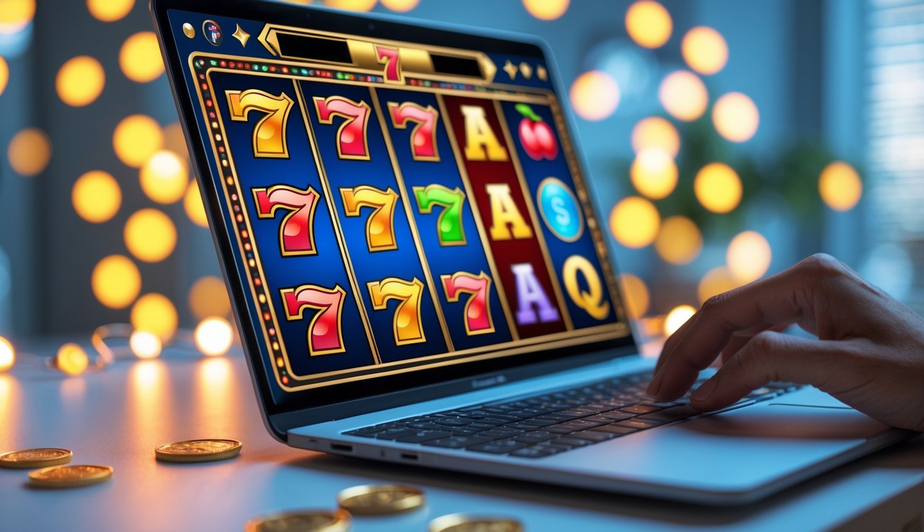 Seseorang menggunakan laptop dengan layar menampilkan mesin slot online penuh warna yang menunjukkan peluang menang tinggi.