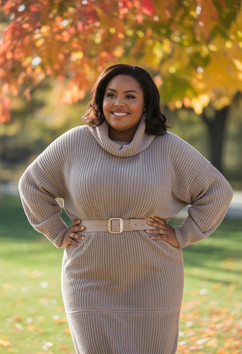 A plus size Black woman standing outdoors surrounded by autumn leaves, wearing a knit sweater dress with a belt.