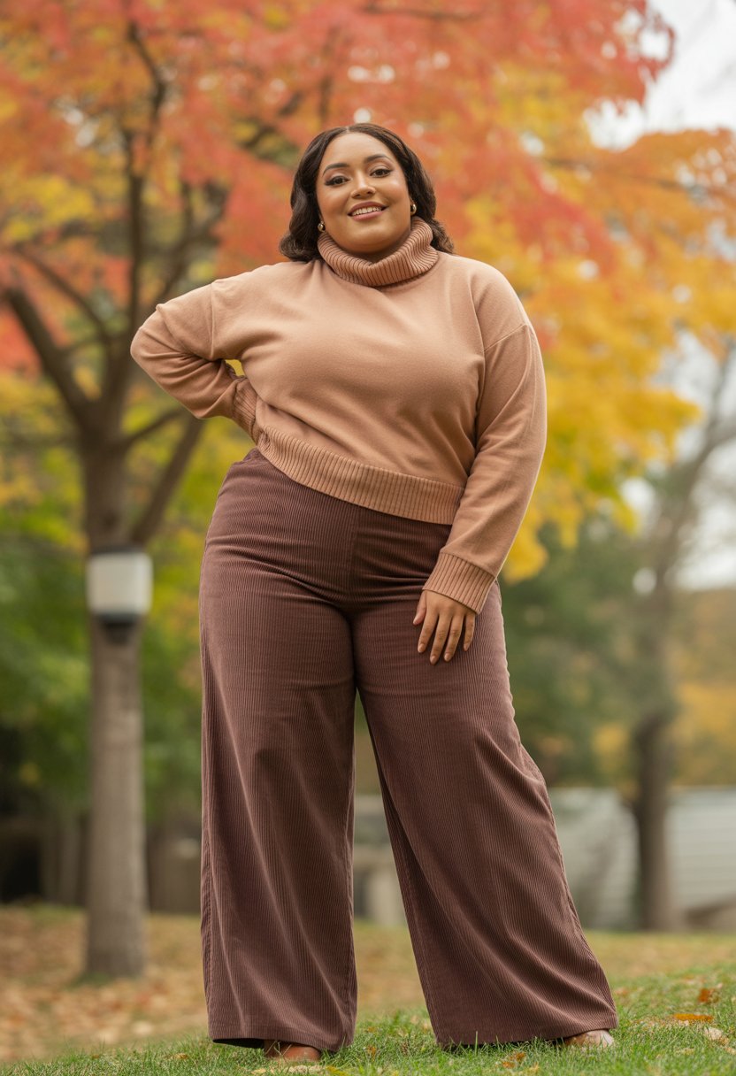A plus size Black woman standing outdoors surrounded by colorful autumn leaves, wearing wide-leg pants and a turtleneck sweater.