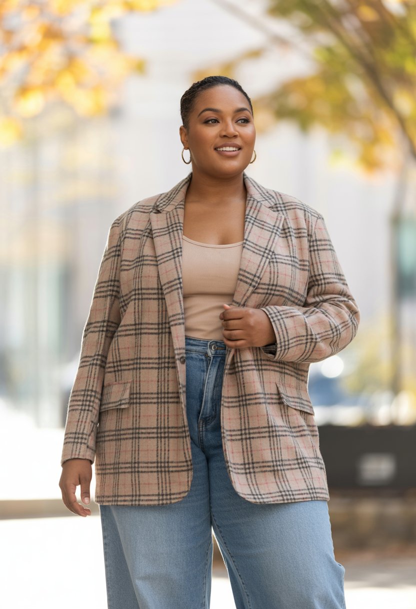 A plus size Black woman standing outdoors wearing a plaid oversized blazer and high-waist jeans.