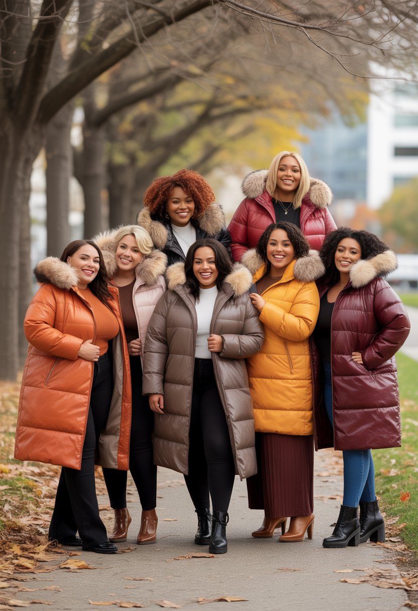 Ten plus-size Black women wearing longline puffer coats with faux fur hoods standing together outdoors on a leafy path in autumn.