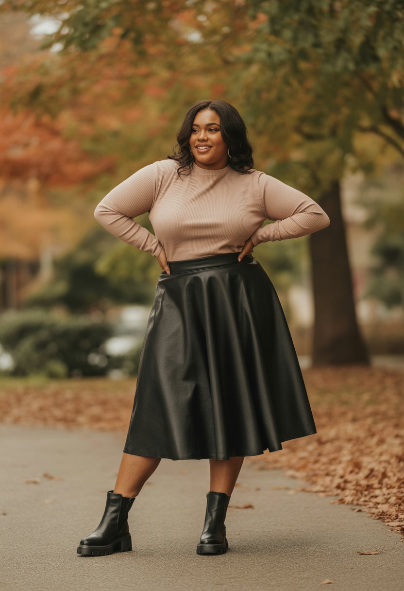 A plus size Black woman stands outdoors on a pathway surrounded by autumn leaves, wearing a midi skirt and ankle boots.