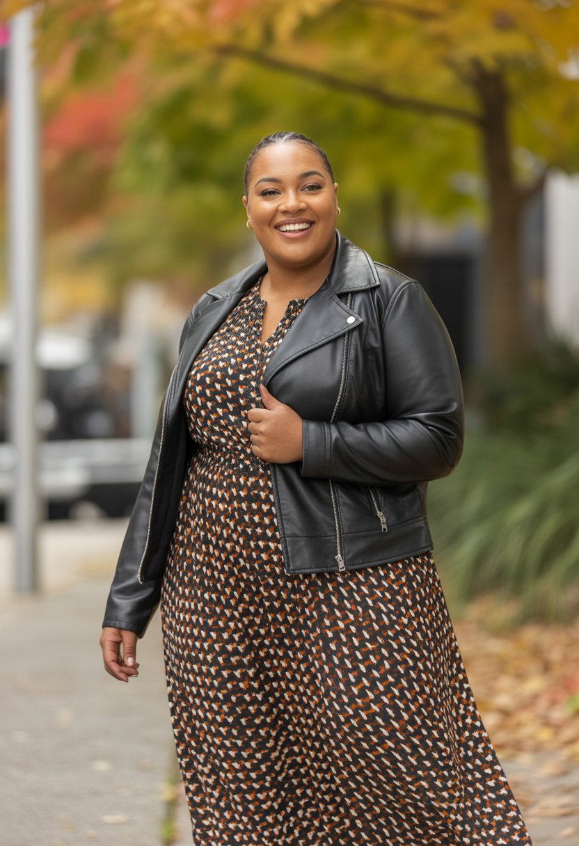Plus size Black woman standing outdoors in fall clothing with colorful leaves in the background.