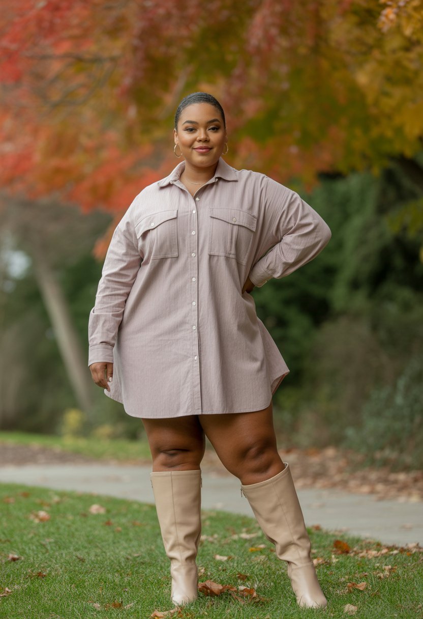 A plus size Black woman standing outdoors in fall clothing, wearing a button-up shirt dress and knee-high boots.