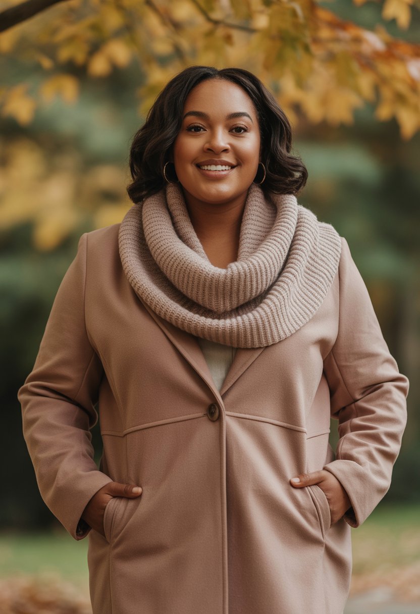 A plus size Black woman wearing a chunky scarf and fitted wool coat standing outdoors with fall leaves in the background.