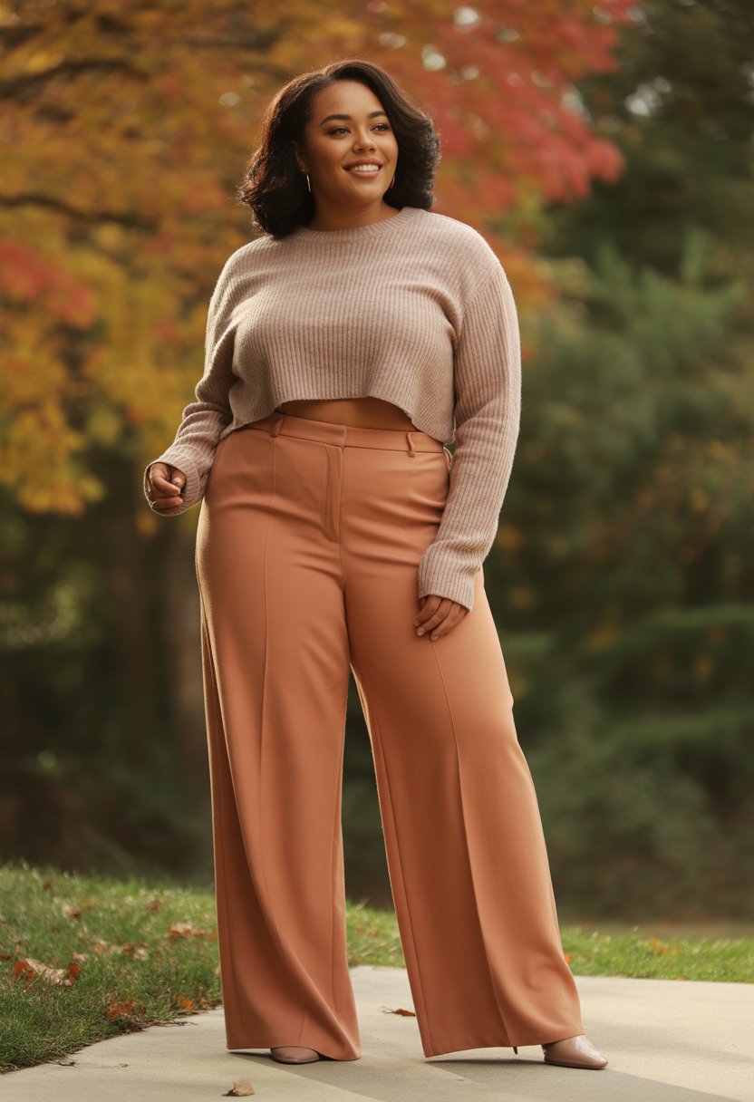 A plus size Black woman standing outdoors wearing a cropped sweater and high-rise wide-leg pants with fall leaves in the background.
