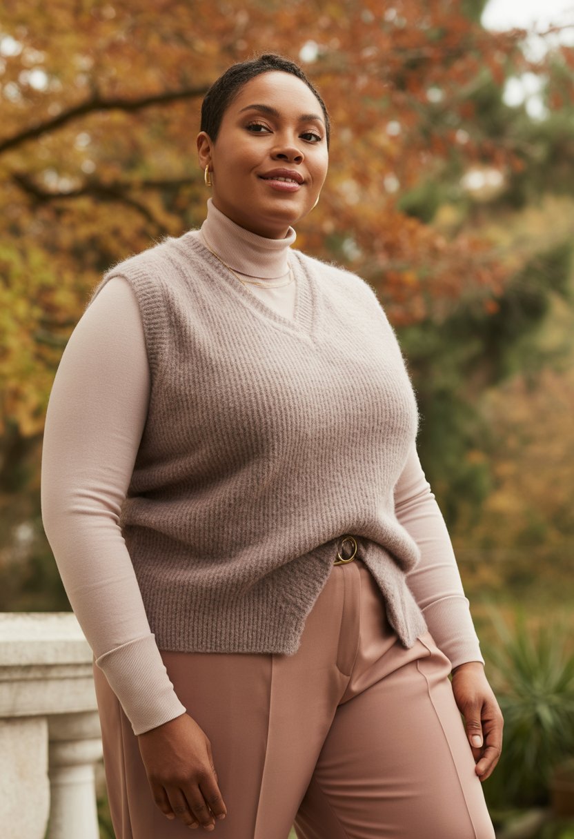 A plus size Black woman standing outdoors in fall clothing, wearing a sweater vest over a turtleneck and tailored trousers.