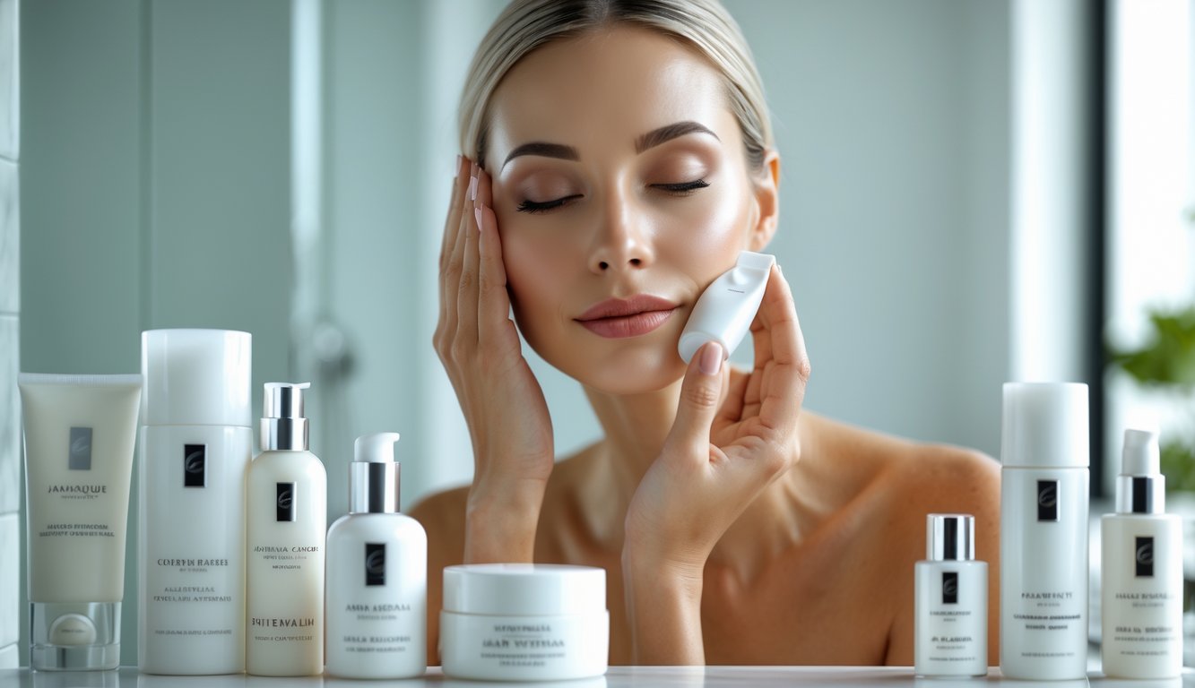 Seorang wanita berusia 30 tahun ke atas sedang mengaplikasikan krim perawatan kulit anti-penuaan di wajahnya dengan latar belakang produk perawatan kulit dan pencahayaan alami.