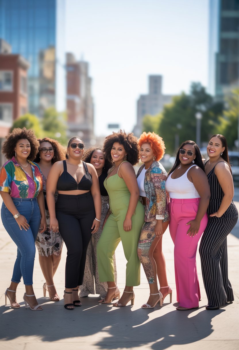 Ten confident plus-size Black women standing together outdoors, wearing colorful and fashionable outfits, smiling and interacting in a city setting.