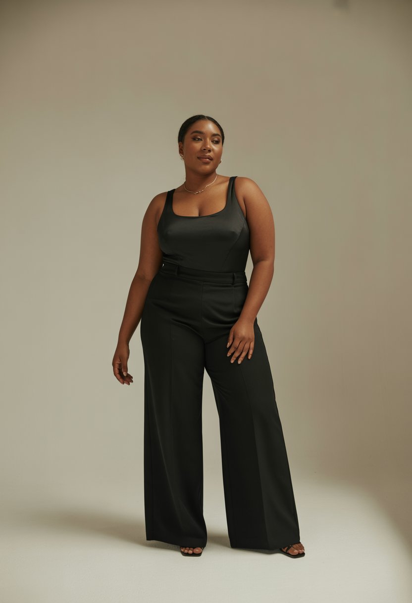 A plus size Black woman standing confidently wearing a black bodysuit and wide leg pants against a plain background.