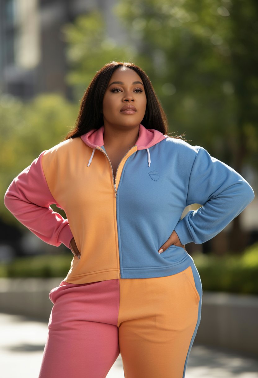 Plus size Black woman standing outdoors wearing a two-piece sweatsuit set, posing confidently with a blurred urban background.