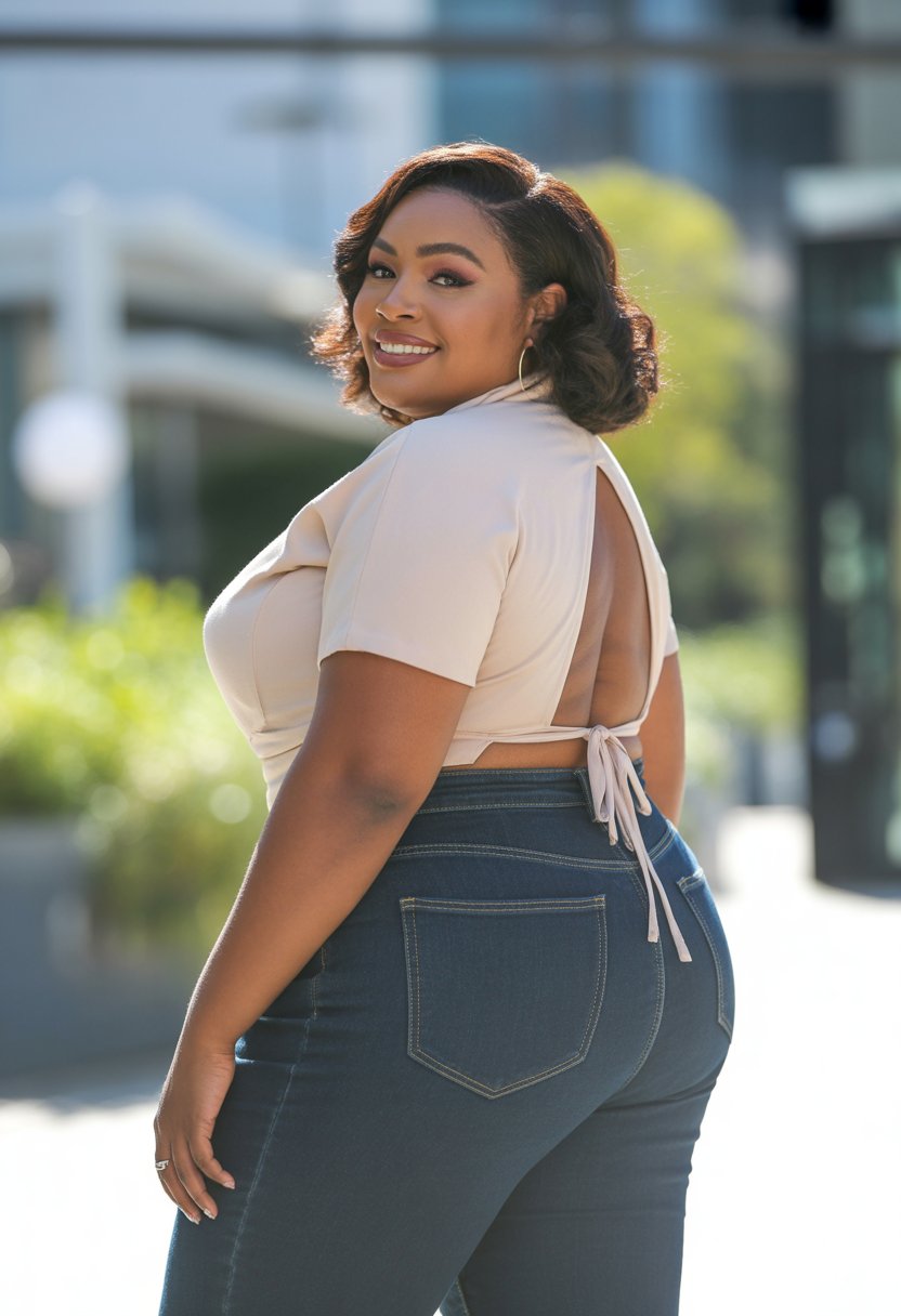 A plus size Black woman stands outdoors wearing a backless short sleeve top and high waist jeans, smiling confidently.
