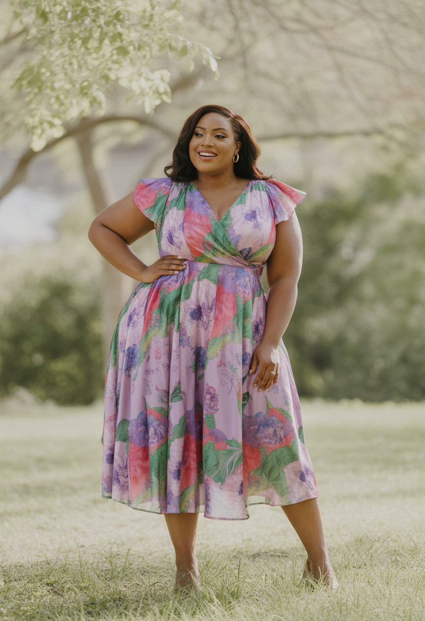 A plus size Black woman standing outdoors wearing a colorful floral midi dress, smiling with greenery in the background.