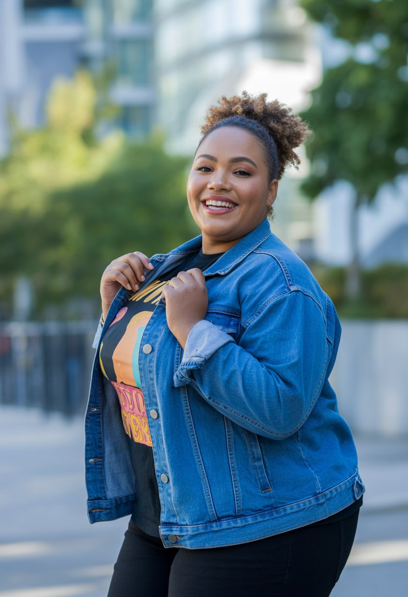 A plus size Black woman smiling outdoors wearing a denim jacket over a graphic t-shirt.